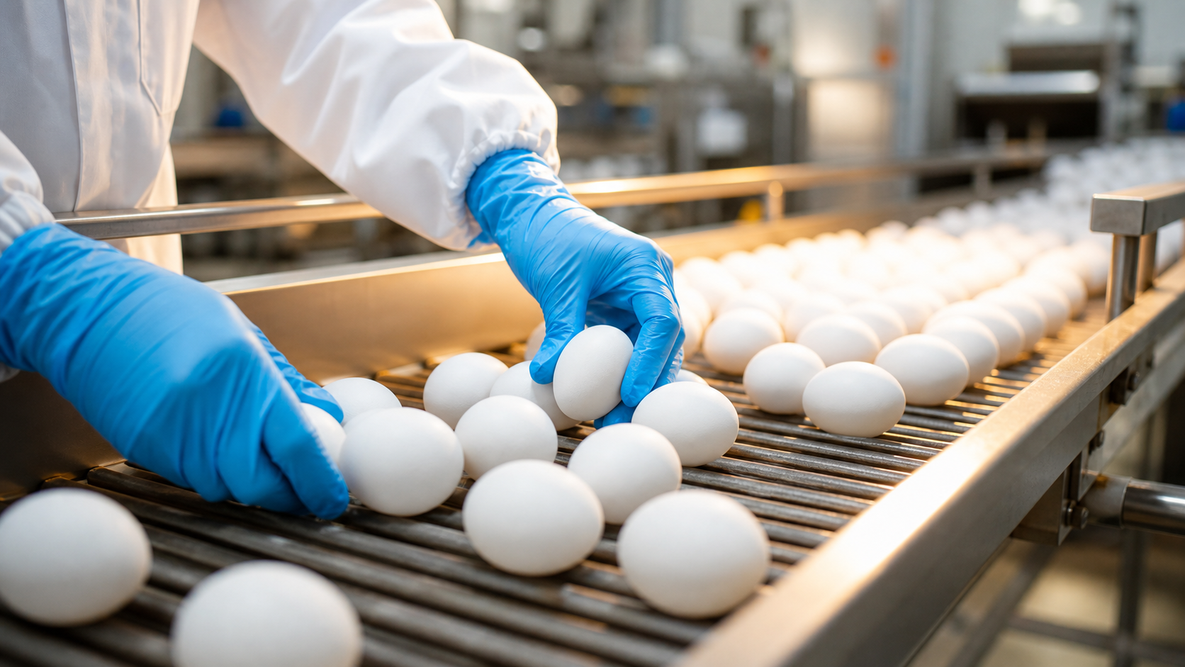 White eggs being handled on a processing line